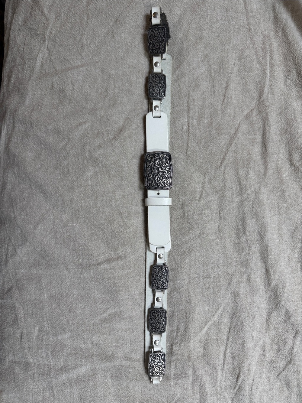 Lorena Antoniazzi White Leather Belt with Ornate Silver-Tone Metal Panels